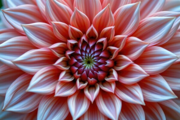 close up view of a dahlia bloom with countless geometric petals arranged in tight concentric circles of coral and pink, Generative AI