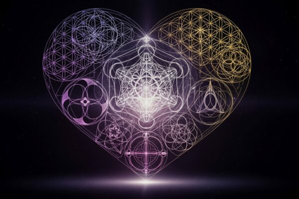 A glowing heart-shaped symbol composed of various sacred geometry patterns, including Metatrons Cube and Platonic Solids, against a dark background.